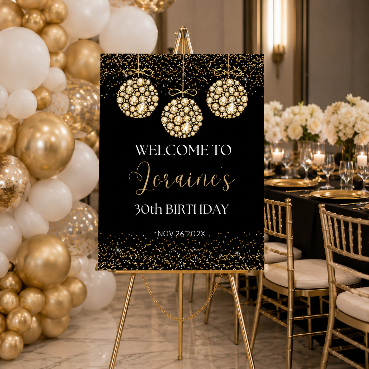 Elegant Gold Diamonds Welcome Sign Template featuring sparkling ornaments for a 30th birthday celebration.