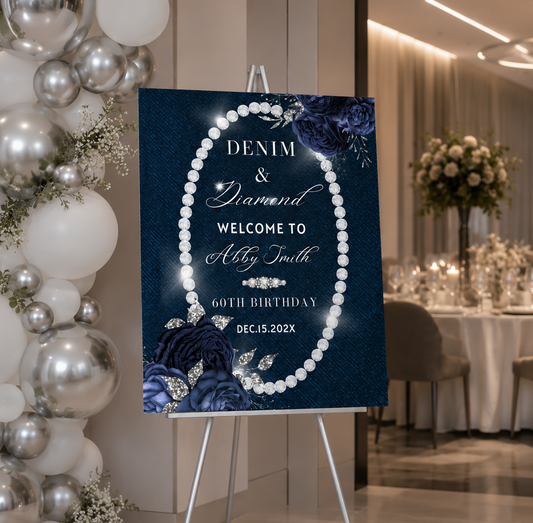 Glam Denim and Diamonds Birthday Party Welcome Sign featuring elegant design for Abby Smith's 60th birthday celebration.