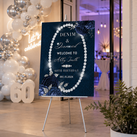 Glam Denim and Diamonds Birthday Party Welcome Sign on display for a 60th birthday celebration.