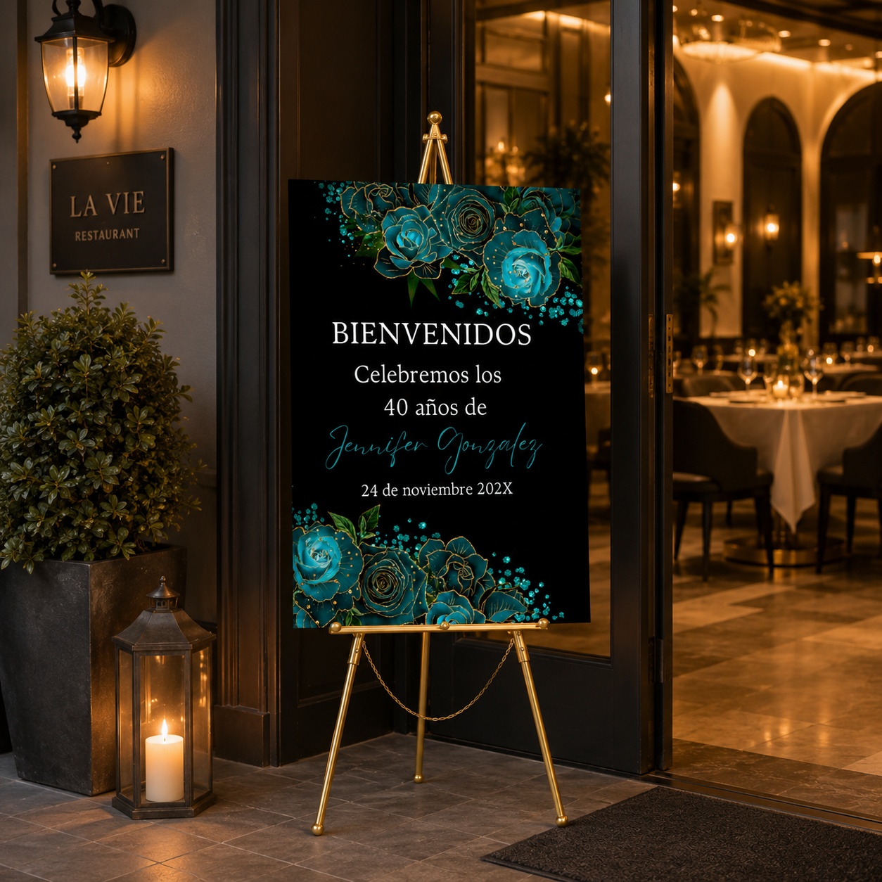 Spanish Teal Birthday Welcome Sign Template with teal watercolor flowers and gold accents.