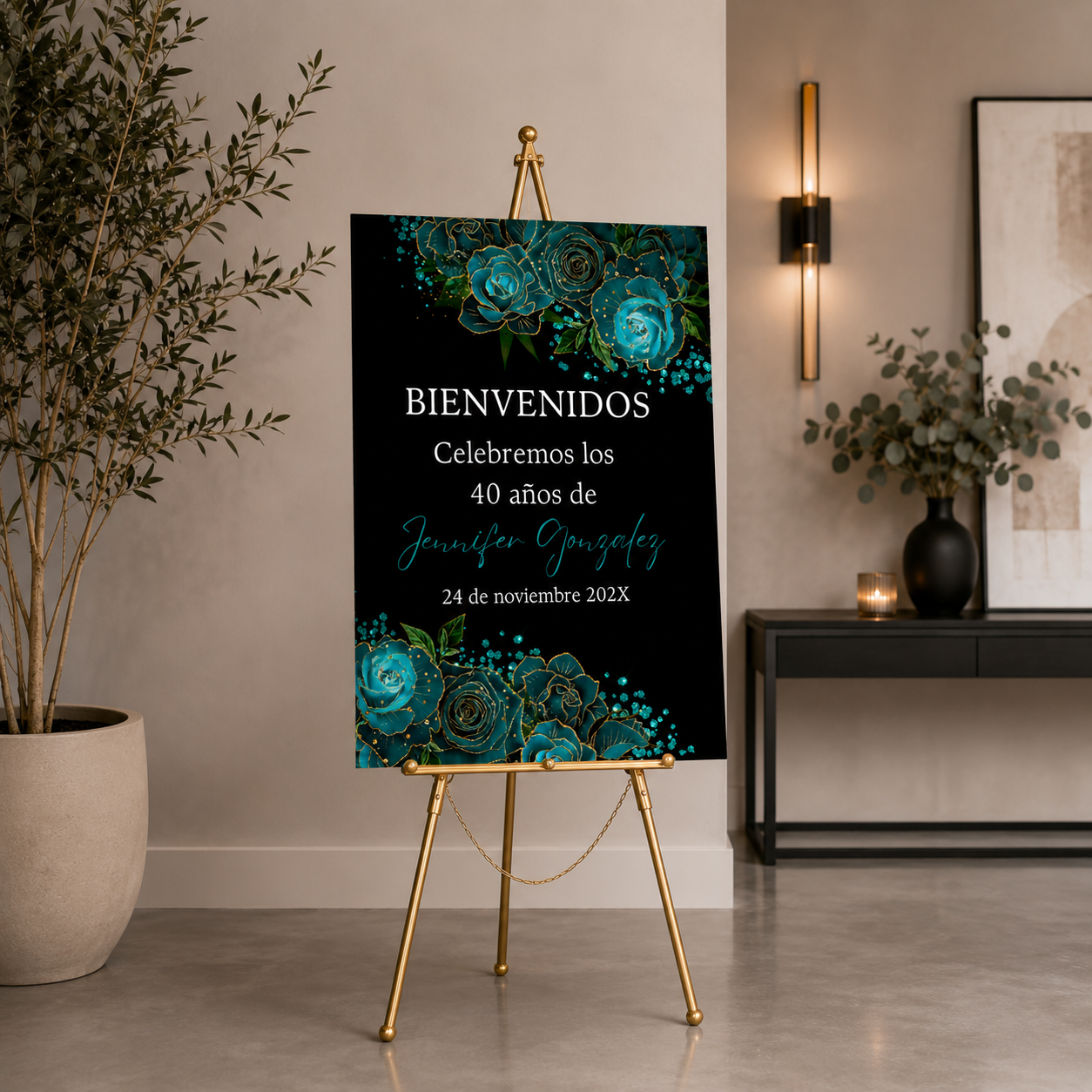 Spanish Teal Birthday Welcome Sign Template featuring teal watercolor flowers and elegant typography on a display easel.
