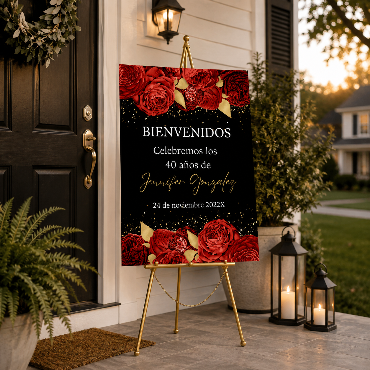 Red & Gold Floral Spanish Birthday Party Welcome Sign displayed outside a home, welcoming guests with elegance.