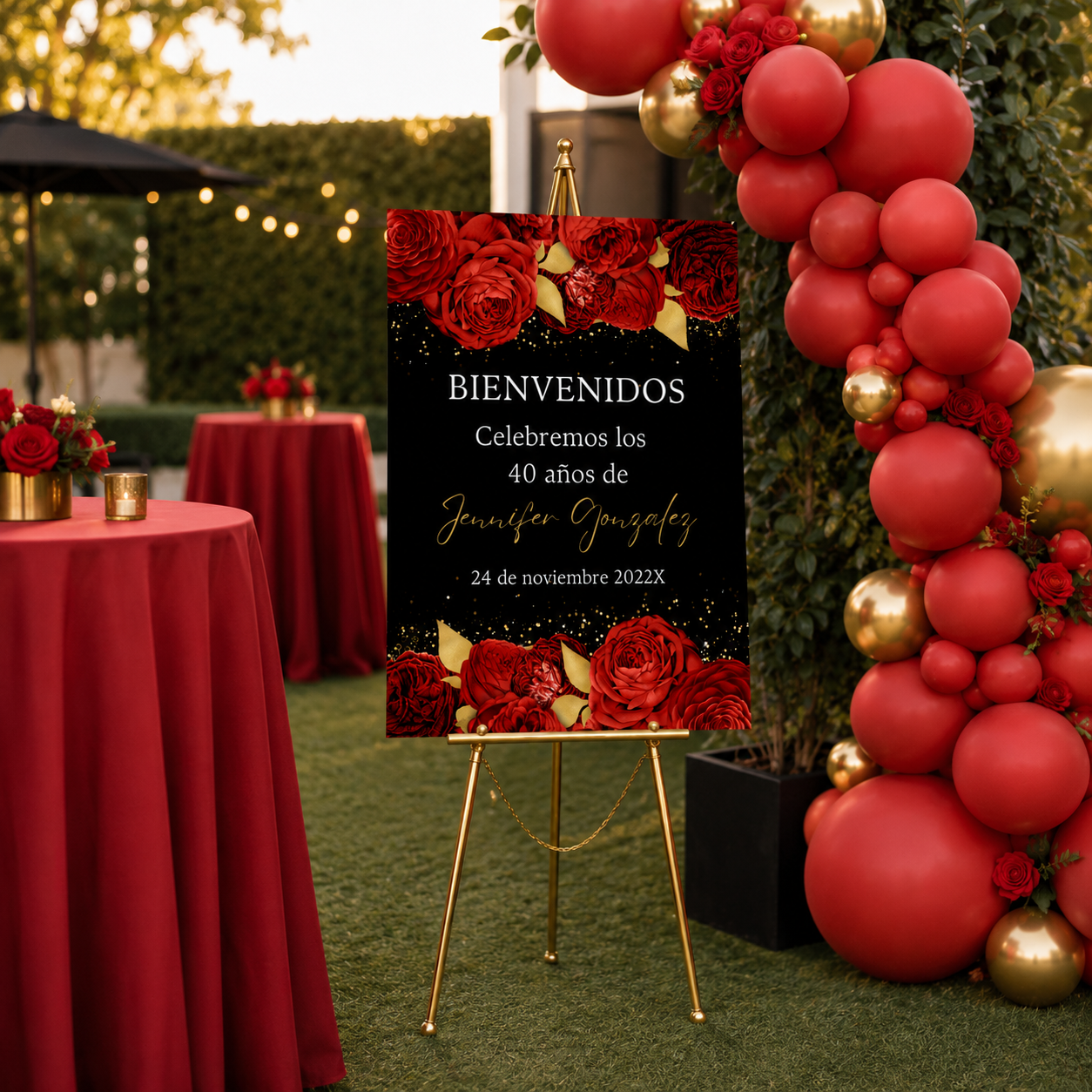 Red & Gold Floral Spanish Birthday Party Welcome Sign featuring roses, elegant decorations, and celebration details.