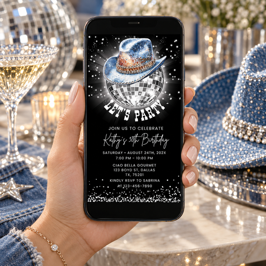 Digital Disco Ball Western Rodeo Birthday Party Invitation displayed on a phone with a glittery cowboy hat design.
