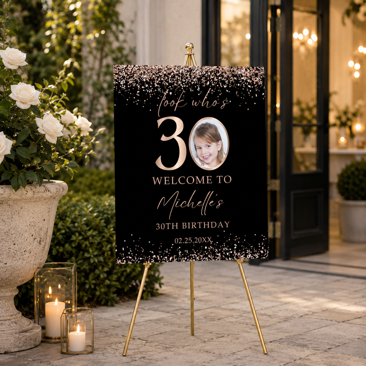 Editable Rose Gold Confetti 30th Birthday Welcome Sign displayed outdoors with personalized photo and elegant design.