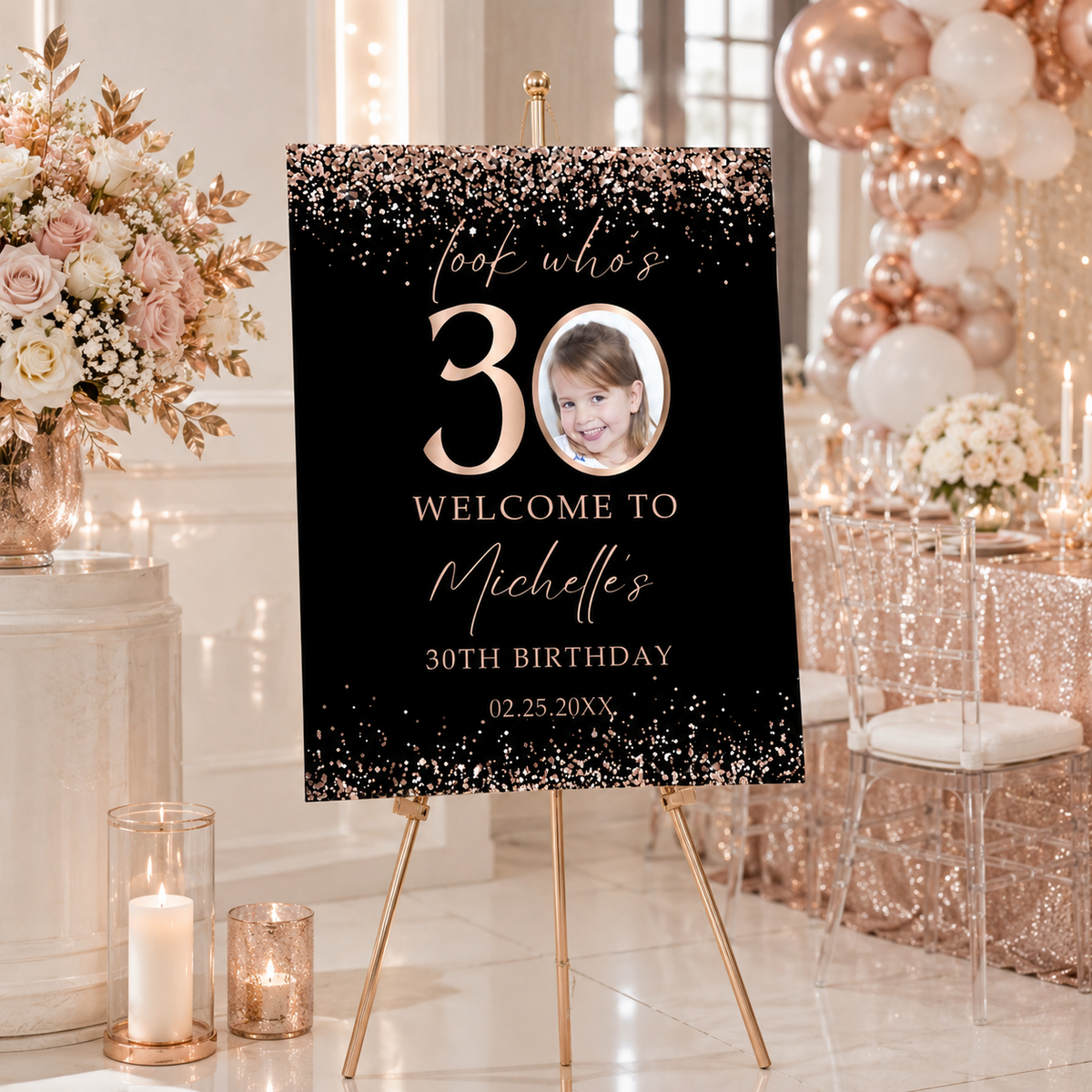 Editable Rose Gold Confetti 30th Birthday Welcome Sign with customizable design and personal photo for birthday celebration.