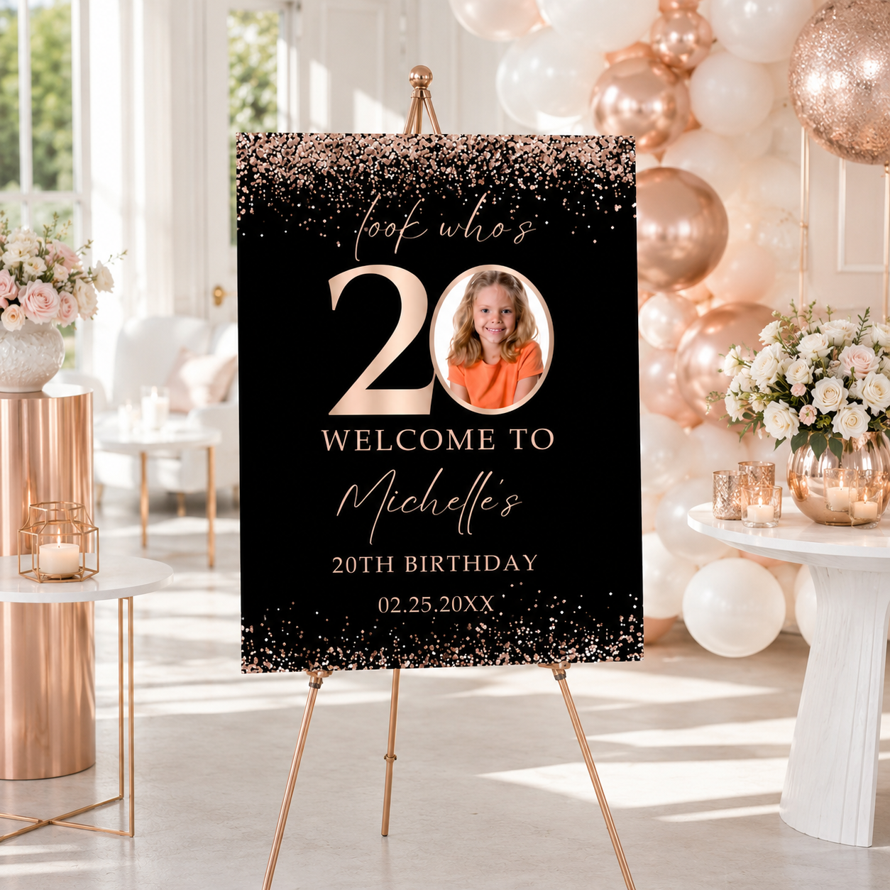 Editable Look Who’s 20 Photo Birthday Poster featuring rose gold confetti and personalized photo for Michelle's birthday.