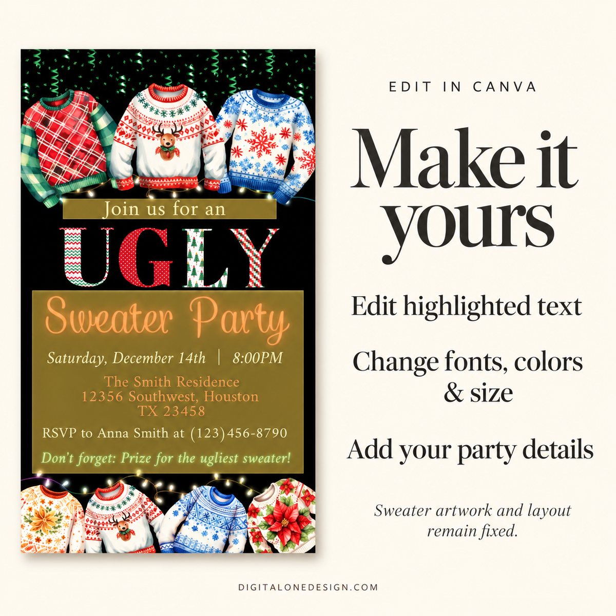 Ugly Sweater Party Office Gathering Evite featuring customizable invitation design with colorful sweaters.