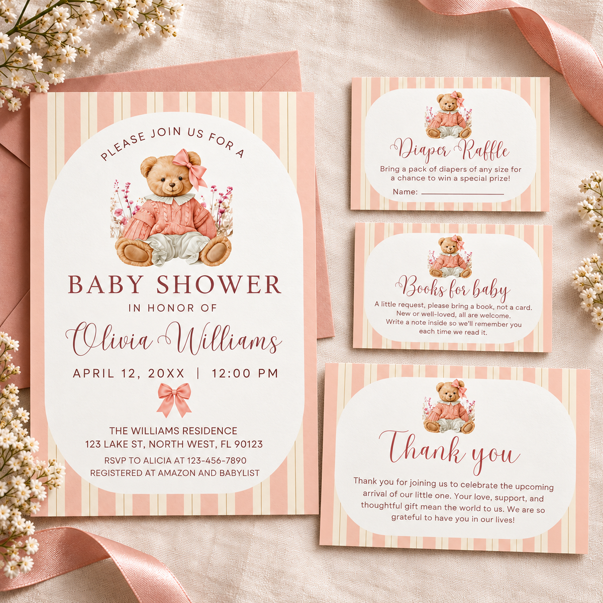 Pink Teddy Bear Baby Shower Invitation Bundle with coordinating cards for diaper raffle, books for baby, and thank you.
