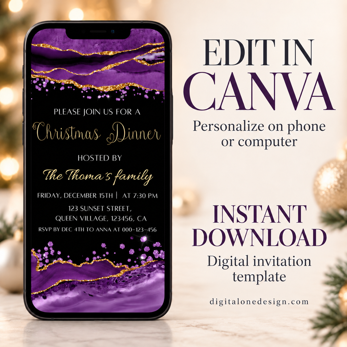 Purple Agate Christmas Dinner Invitation Template displayed on a phone for easy editing and personalization.