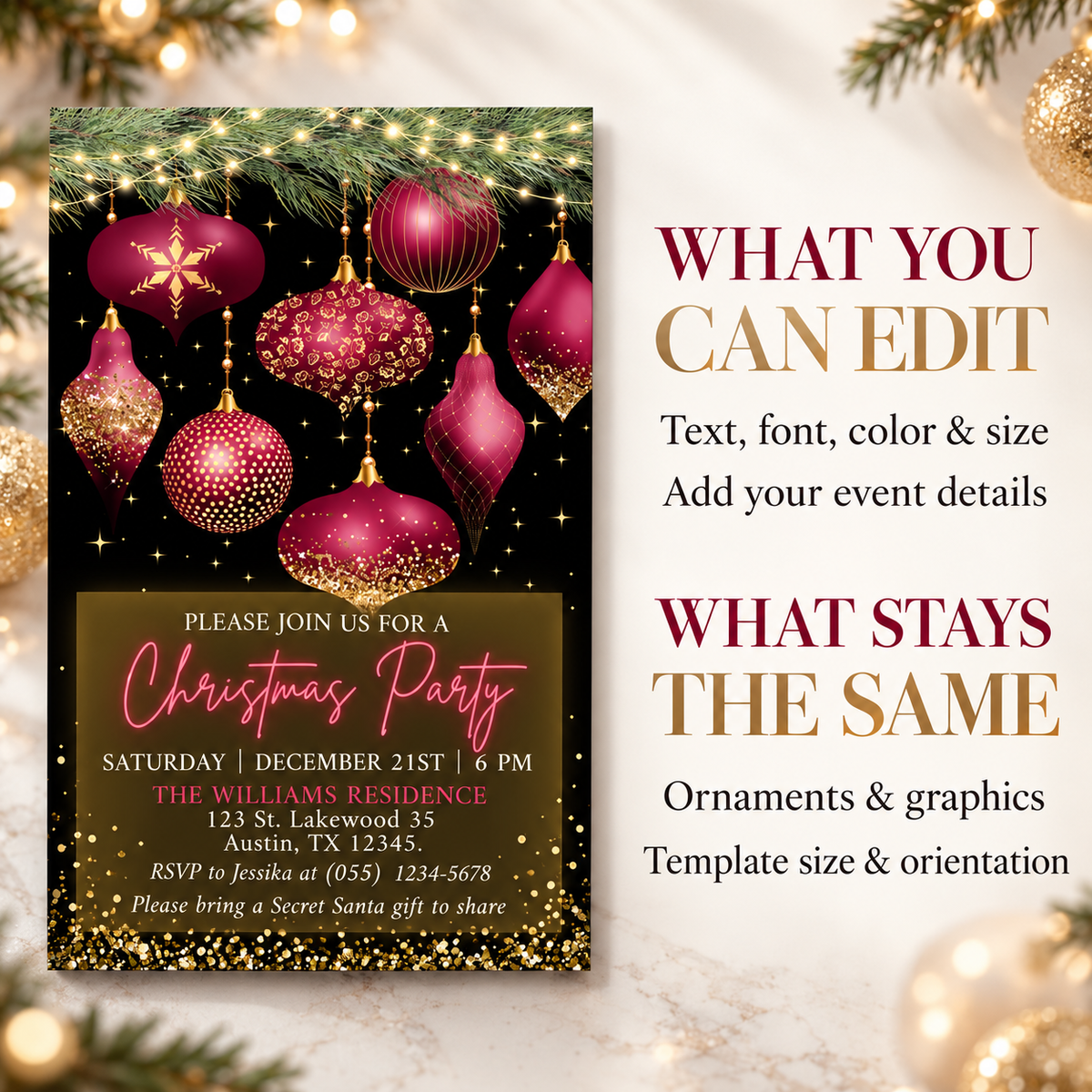 Burgundy & Gold Christmas Party Invitation featuring hanging ornaments and festive text on a dark background.
