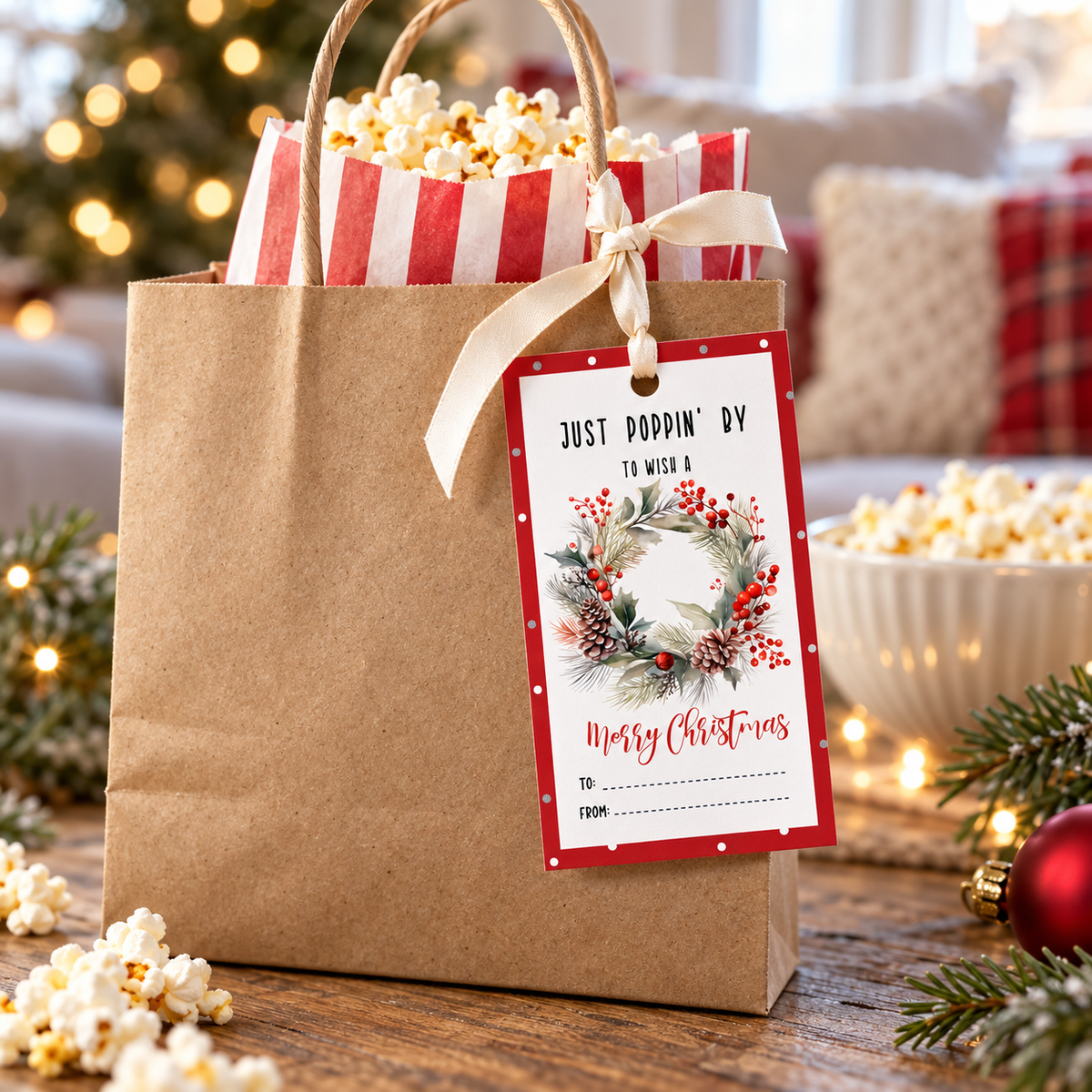 Just Poppin’ By Christmas Gift Tag | Printable Wreath Tag