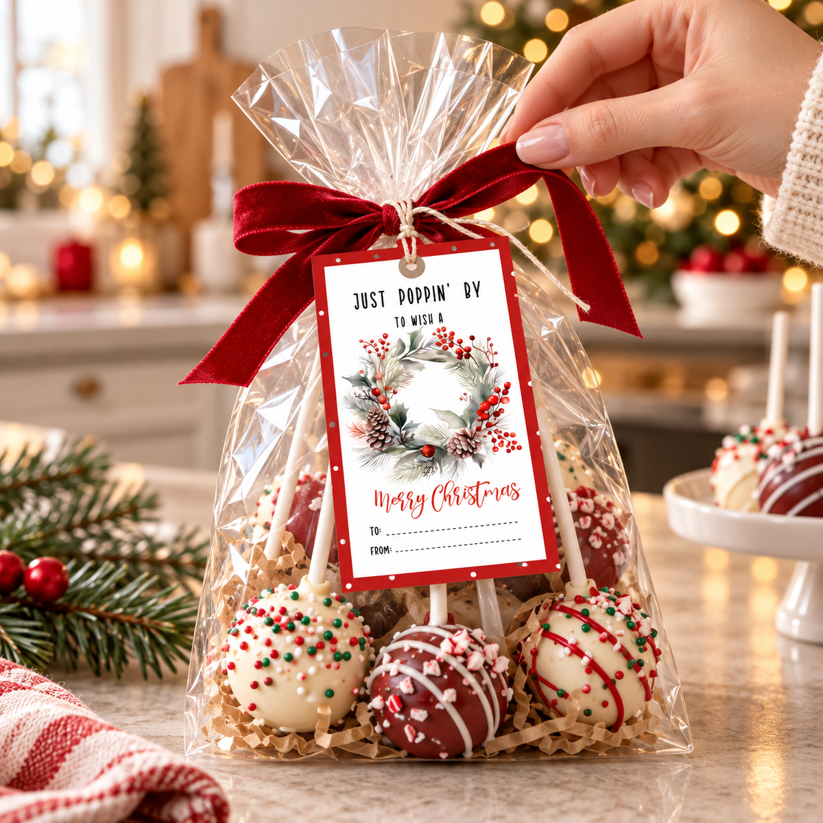 Just Poppin’ By Christmas Gift Tag | Printable Wreath Tag