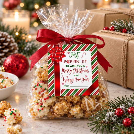 Just Poppin' By Christmas Popcorn Gift Tag Printable on popcorn gift bag for festive holidays.