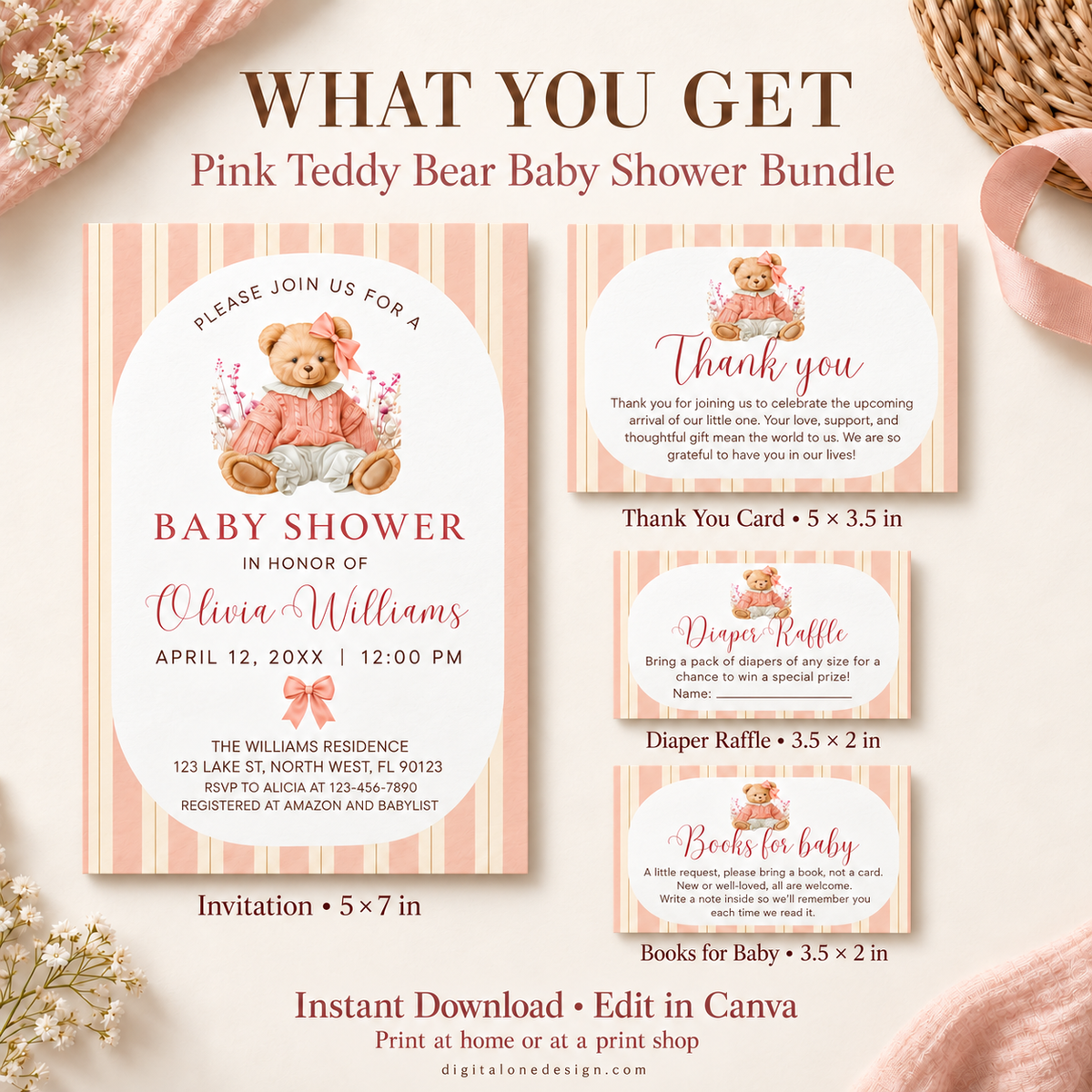 Pink Teddy Bear Baby Shower Invitation Bundle featuring a teddy bear, thank you card, and diaper raffle cards on a striped background.