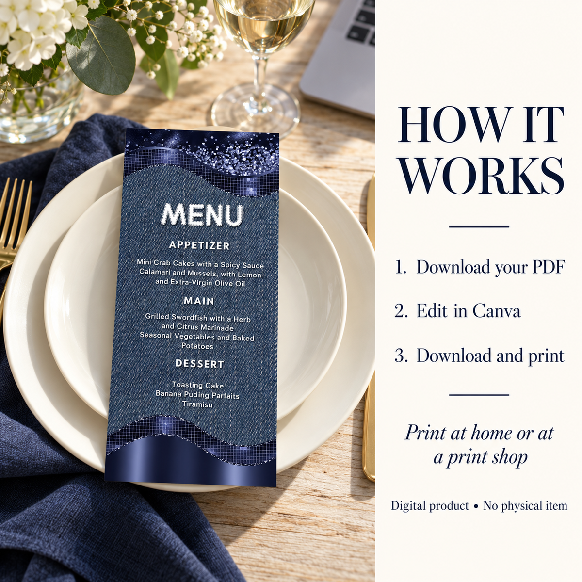Modern Denim & Diamonds Menu Card Template displayed on a dining table with elegant tableware and floral decor.