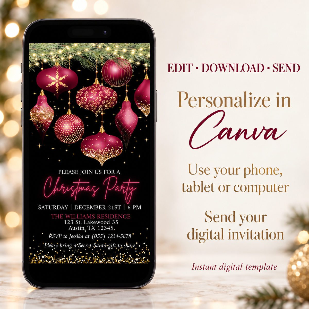 Burgundy & Gold Christmas Party Invitation featuring elegant ornaments and personalized event details on a digital template.
