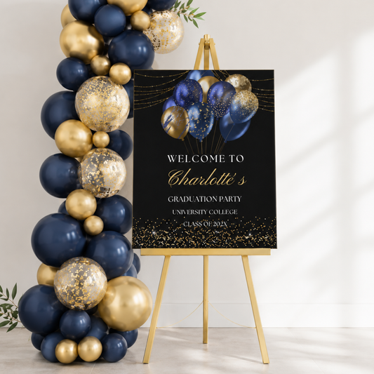 Editable Blue Navy & Gold Balloons Graduation Party Welcome Sign