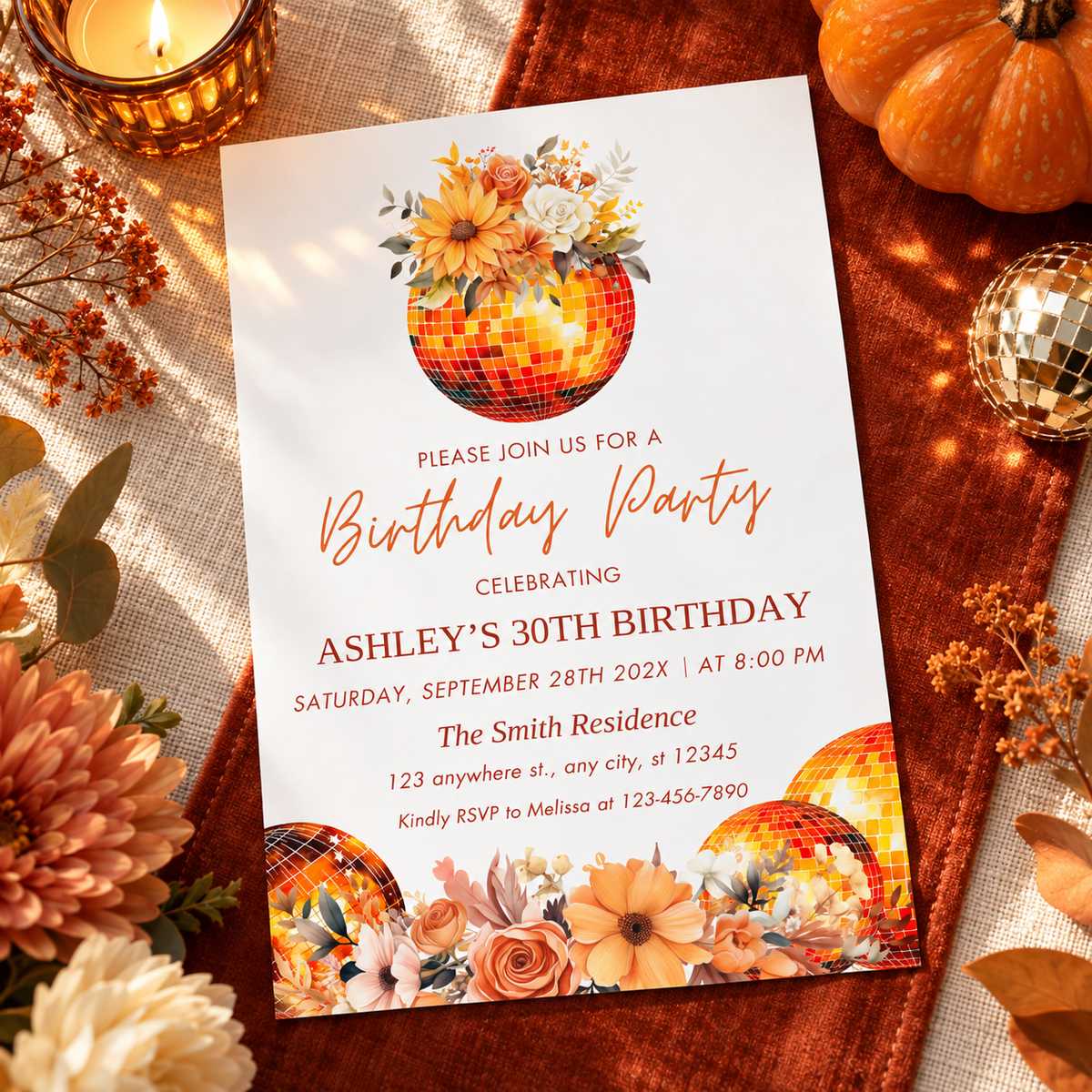 Fall floral disco ball birthday Party Invitation featuring vibrant flowers and a disco ball design.
