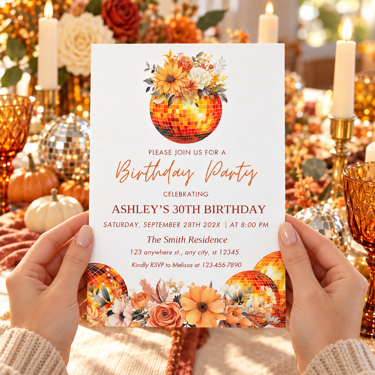 Fall floral disco ball birthday Party Invitation featuring vibrant colors and festive decorations.
