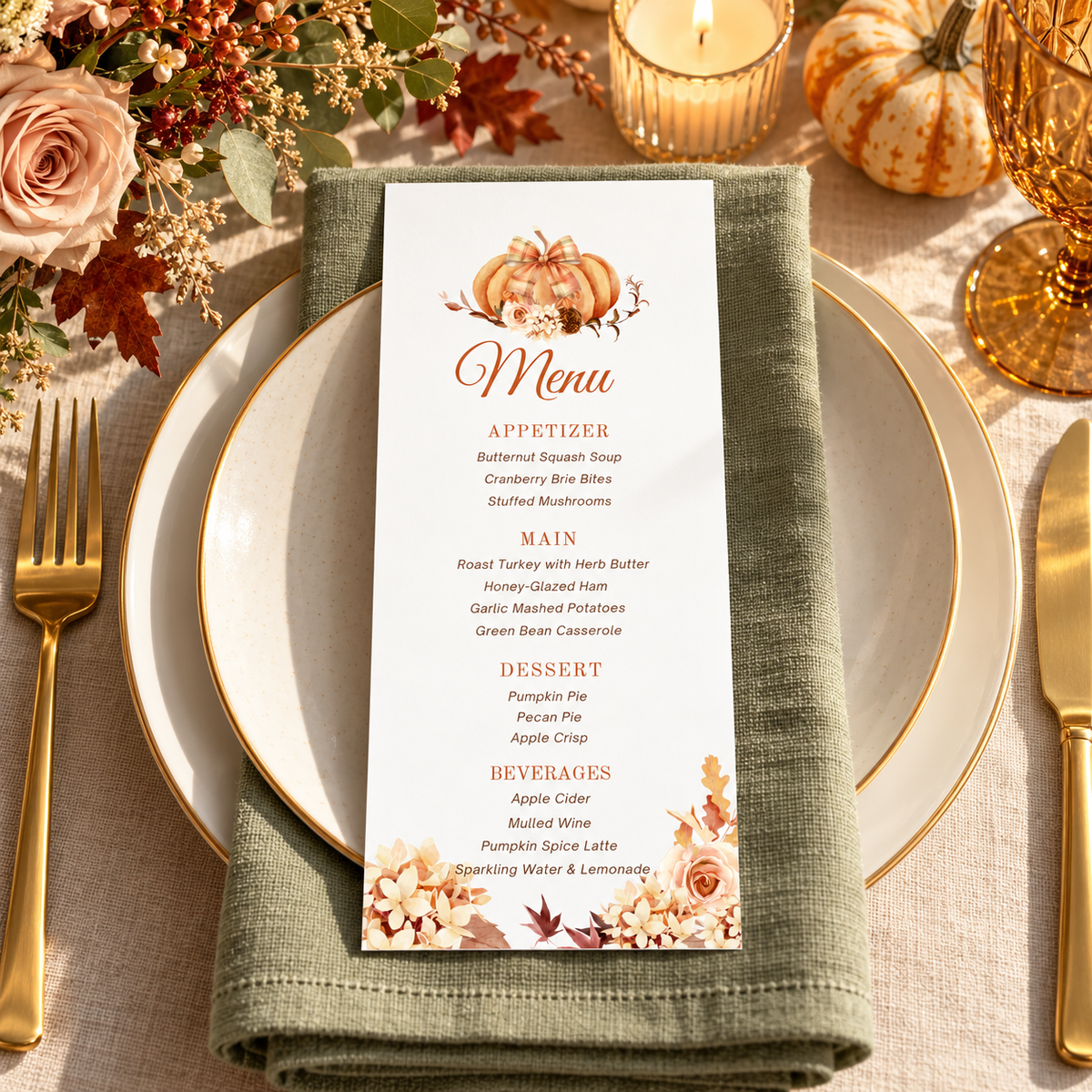 Editable Pumpkin Menu Card Template on a beautifully set autumn dinner table with fall decorations and a plaid napkin.