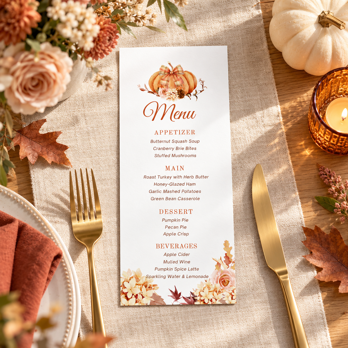 Editable Pumpkin Menu Card Template featuring a fall-inspired menu with a pumpkin design and autumn flowers.