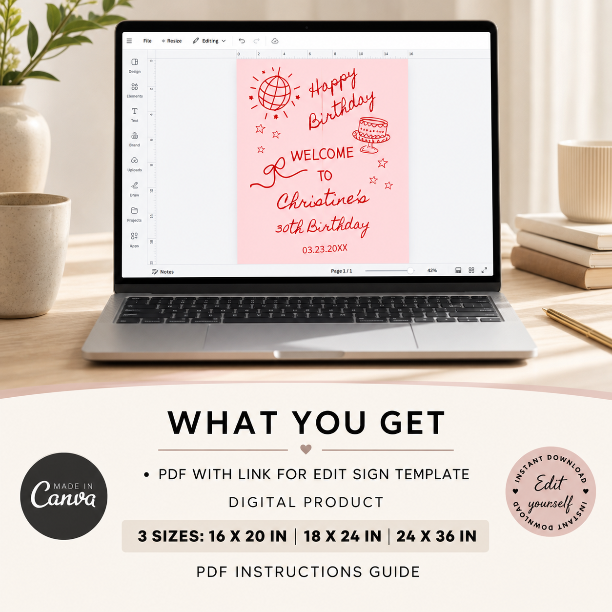 Editable 30th Birthday Welcome Sign  Hand-Drawn Canva Template