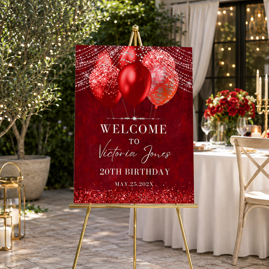 Elegant Red Balloons Birthday Party Welcome Sign Template displayed at a festive outdoor birthday celebration.