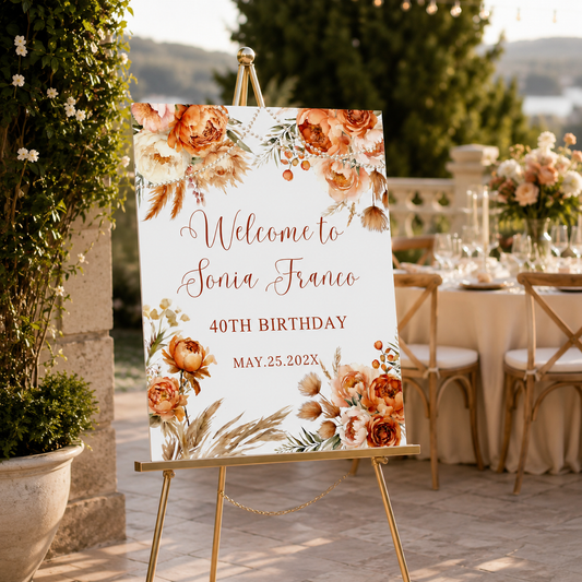Editable Coral Boho Floral Birthday Party Welcome Sign featuring a floral design for Sonia Franco's 40th birthday.
