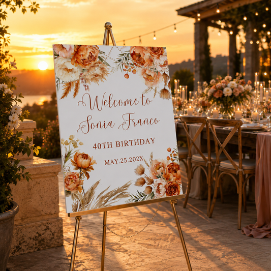 Editable Coral Boho Floral Birthday Party Welcome Sign displayed at sunset with floral design.