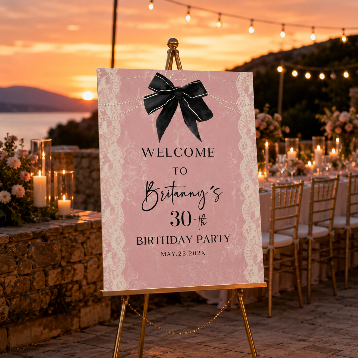 Pink & Black Coquette Birthday Welcome Sign displayed at an elegant outdoor birthday celebration with lights and floral decor.