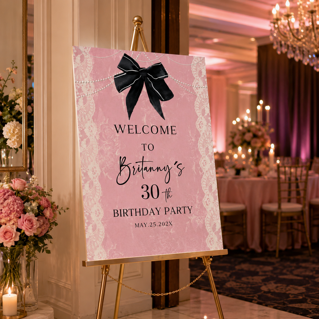 Pink & Black Coquette Birthday Welcome Sign featuring elegant design for birthday celebration.