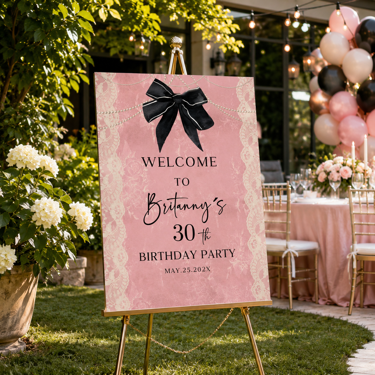 Pink & Black Coquette Birthday Welcome Sign displayed at a chic outdoor birthday party with elegant decor.