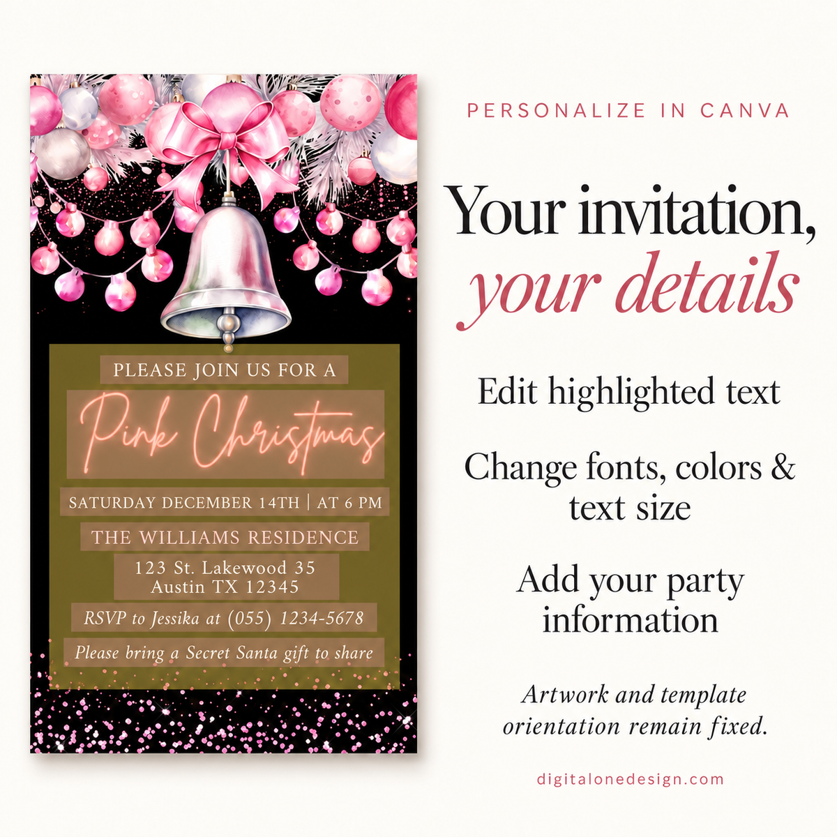 Digital Chic Pink Christmas Party Invitation featuring a festive pink design with customizable text options.