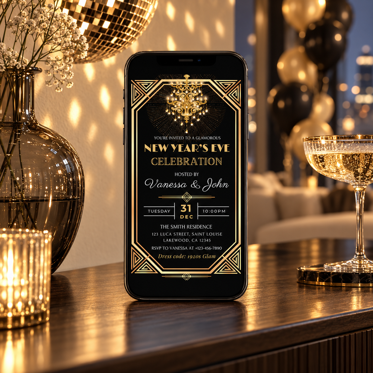 Elegant Gatsby New Years Eve Invitation displayed on a phone, featuring Art Deco design and gold chandelier.