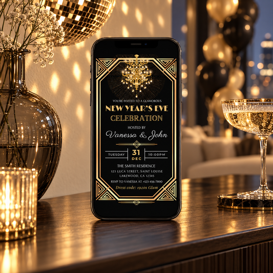 Elegant Gatsby New Years Eve Invitation displayed on a phone, featuring Art Deco design and gold chandelier.