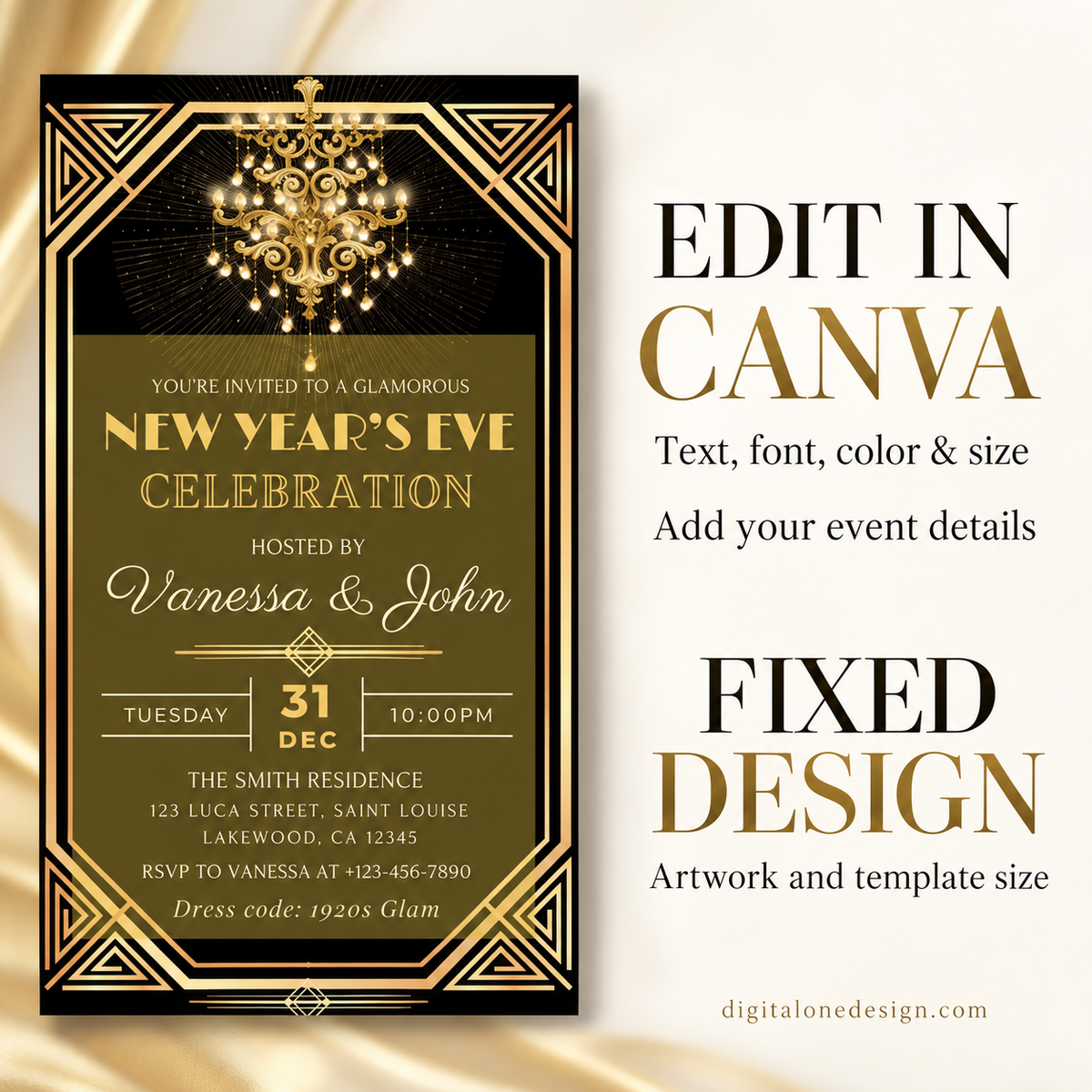 Elegant Gatsby New Years Eve Invitation featuring a gold chandelier and Art Deco design for a glamorous celebration.
