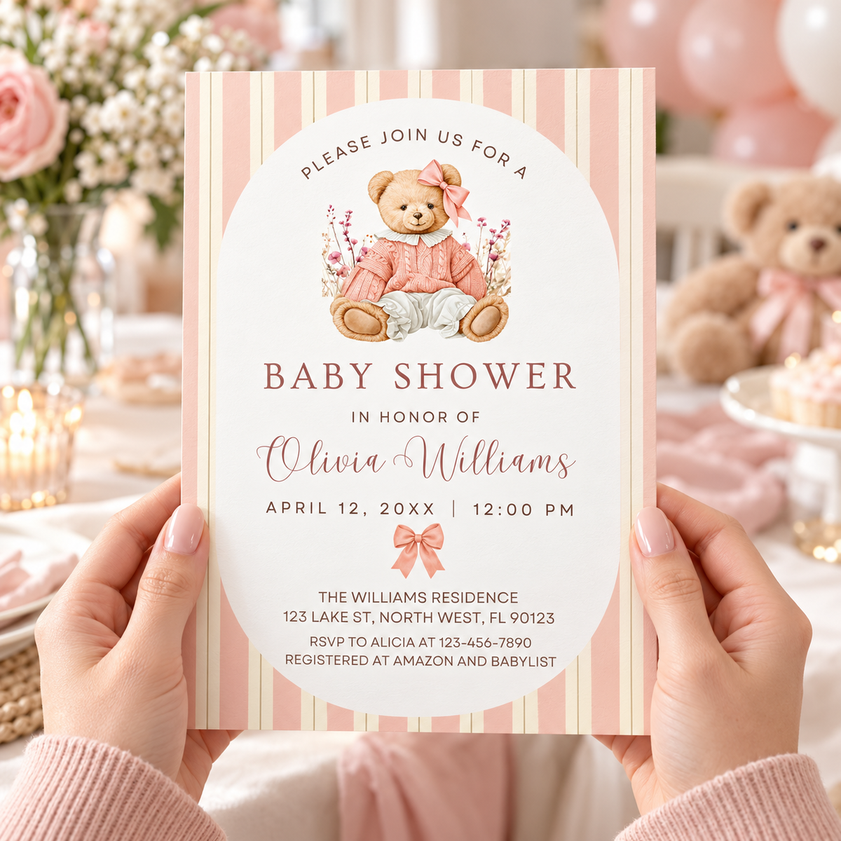 Pink Teddy Bear Baby Shower Invitation Bundle featuring a teddy bear, pink striped background, and baby shower details.