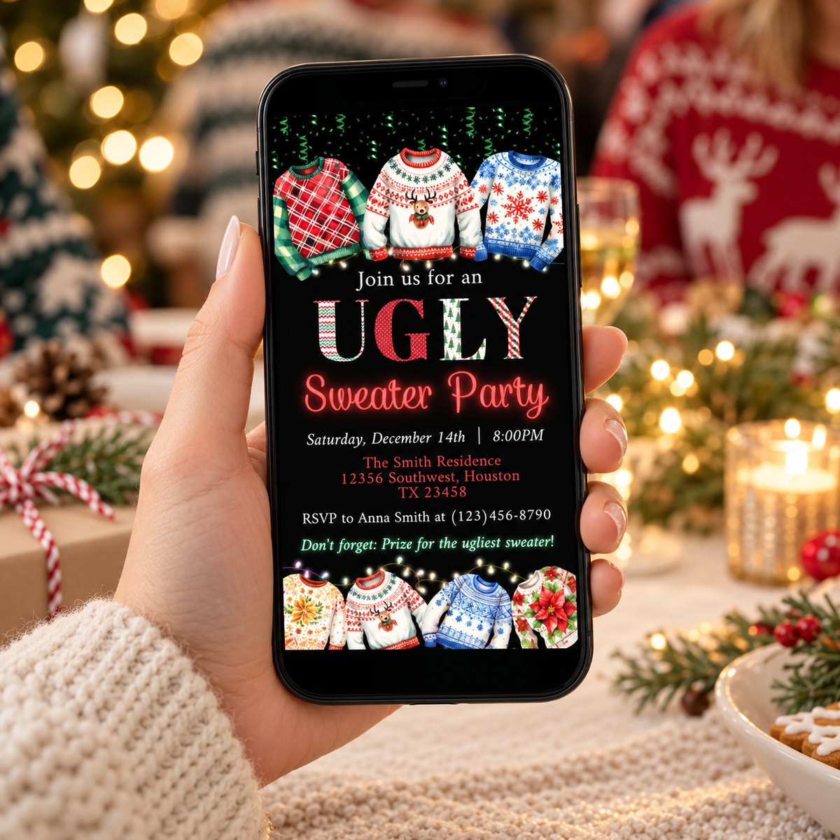 Join us for an Ugly Sweater Party with fun designs and details on this digital invite for Ugly Sweater Party Office Gathering Evite.
