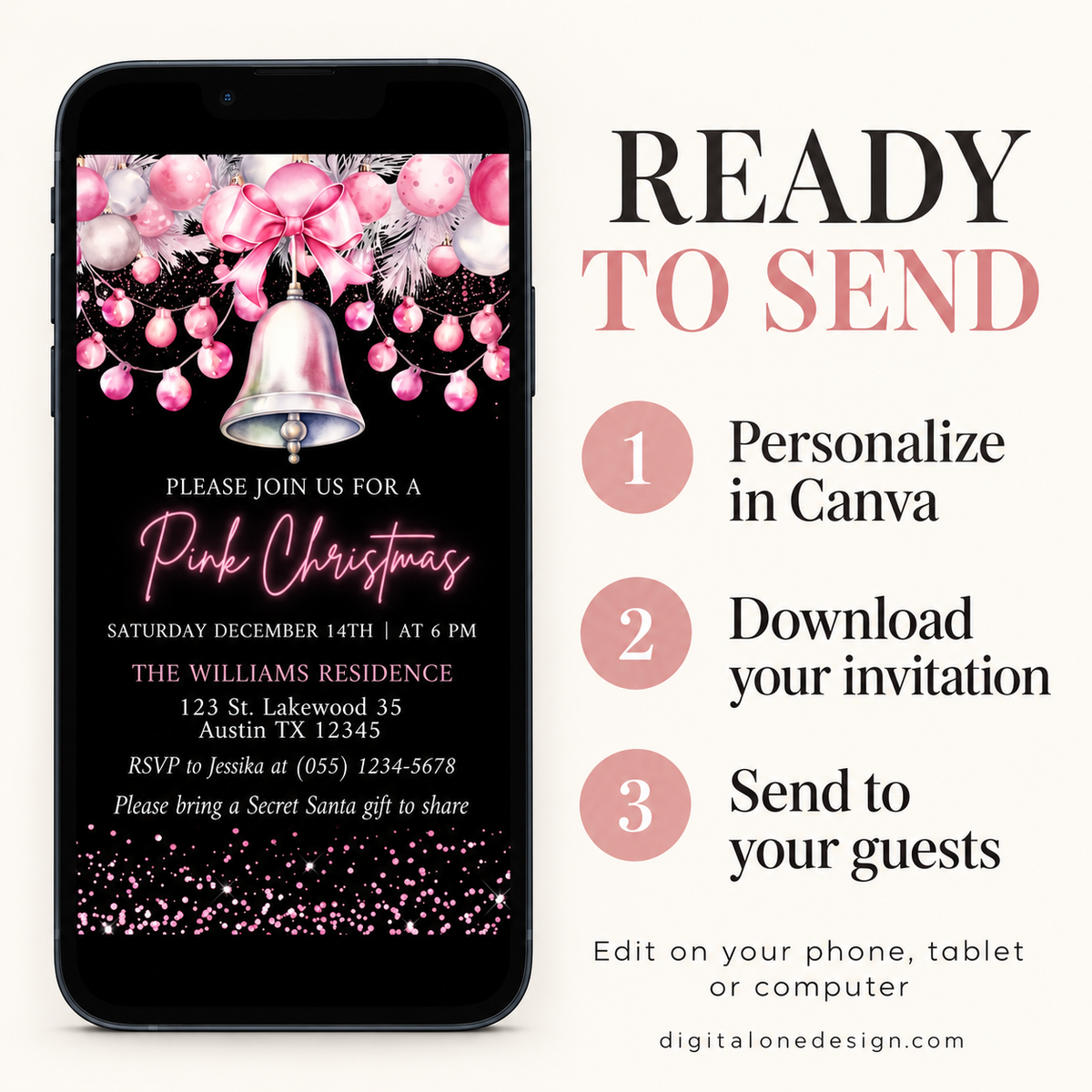 Digital Chic Pink Christmas Party Invitation on phone with festive decorations and RSVP details.