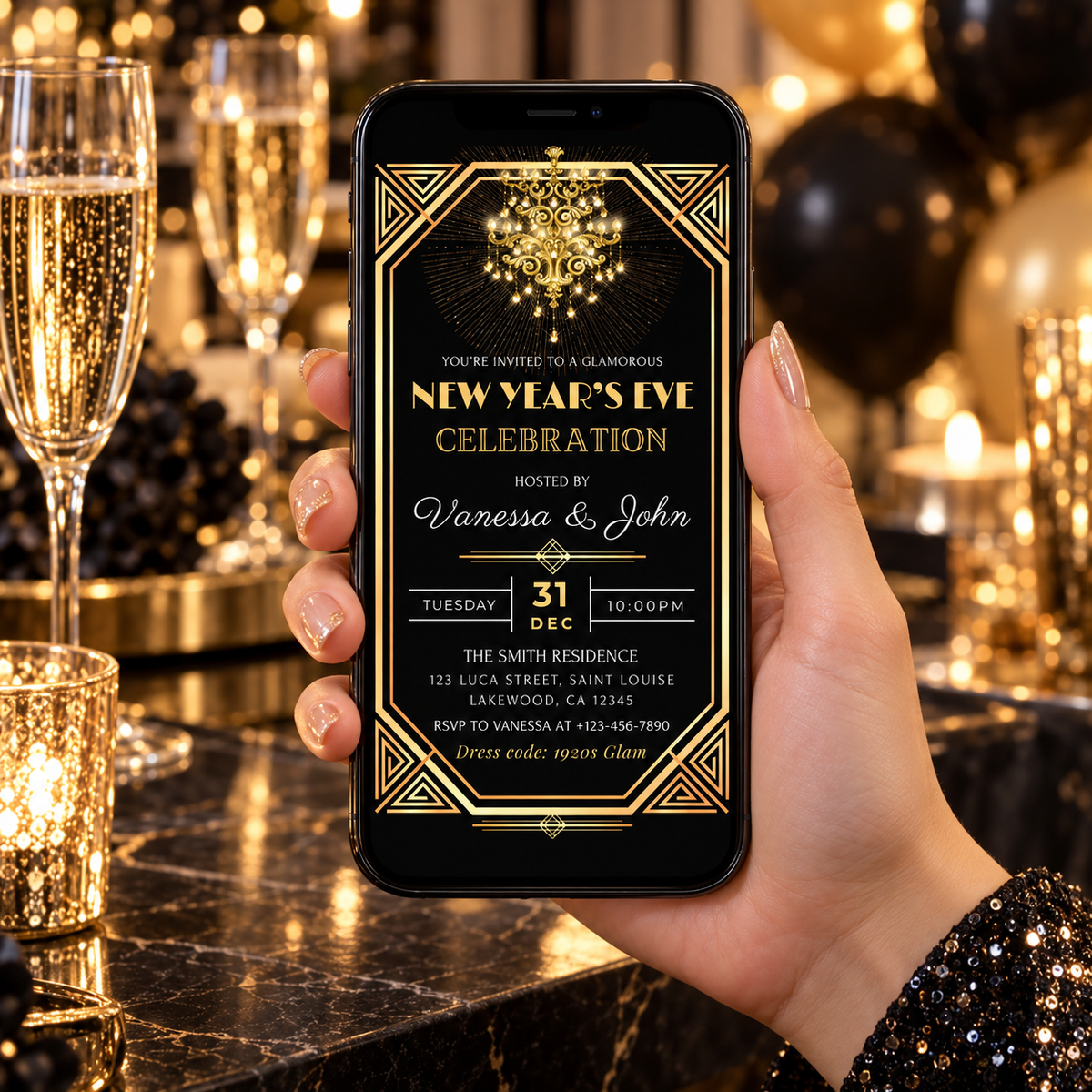 Elegant Gatsby New Years Eve Invitation displayed on a phone with champagne glasses and party decor.