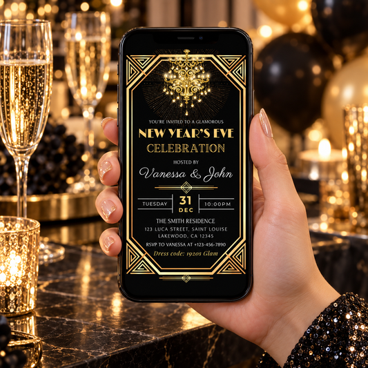 Elegant Gatsby New Years Eve Invitation displayed on a phone with champagne glasses and party decor.