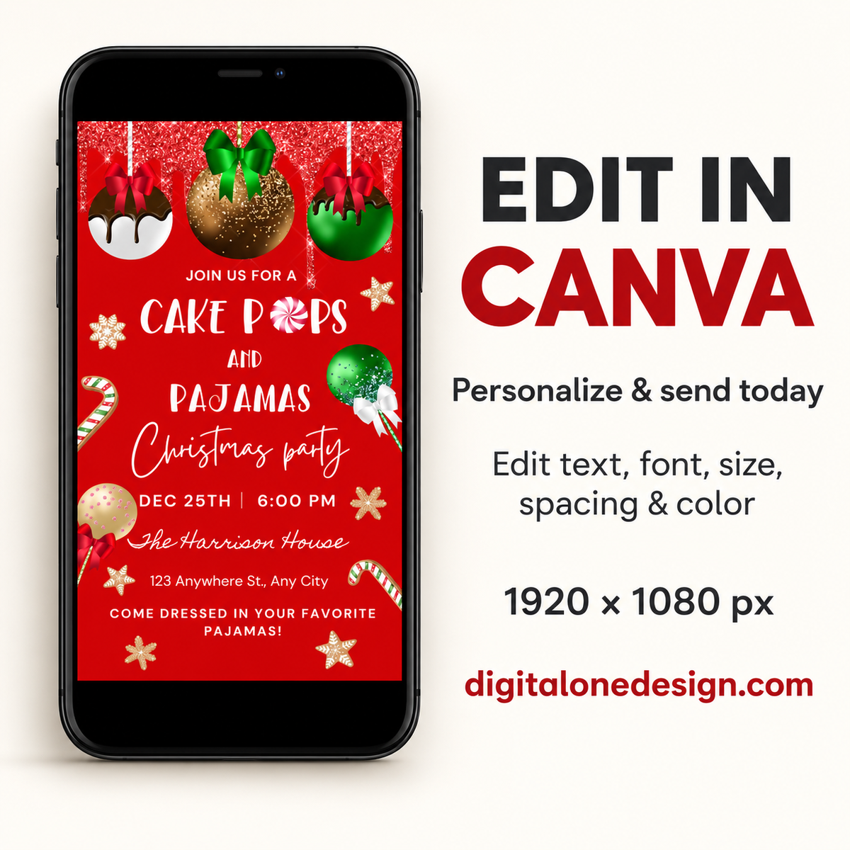 Christmas Cake Pops & Pajamas Party Invitation on mobile phone, editable design for festive holiday celebrations.