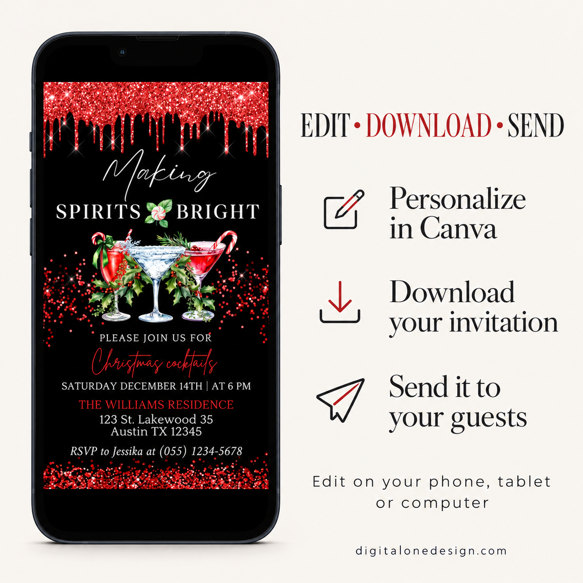 Digital Holiday Cocktail Party Invitation featuring festive design and information for editing and downloading.