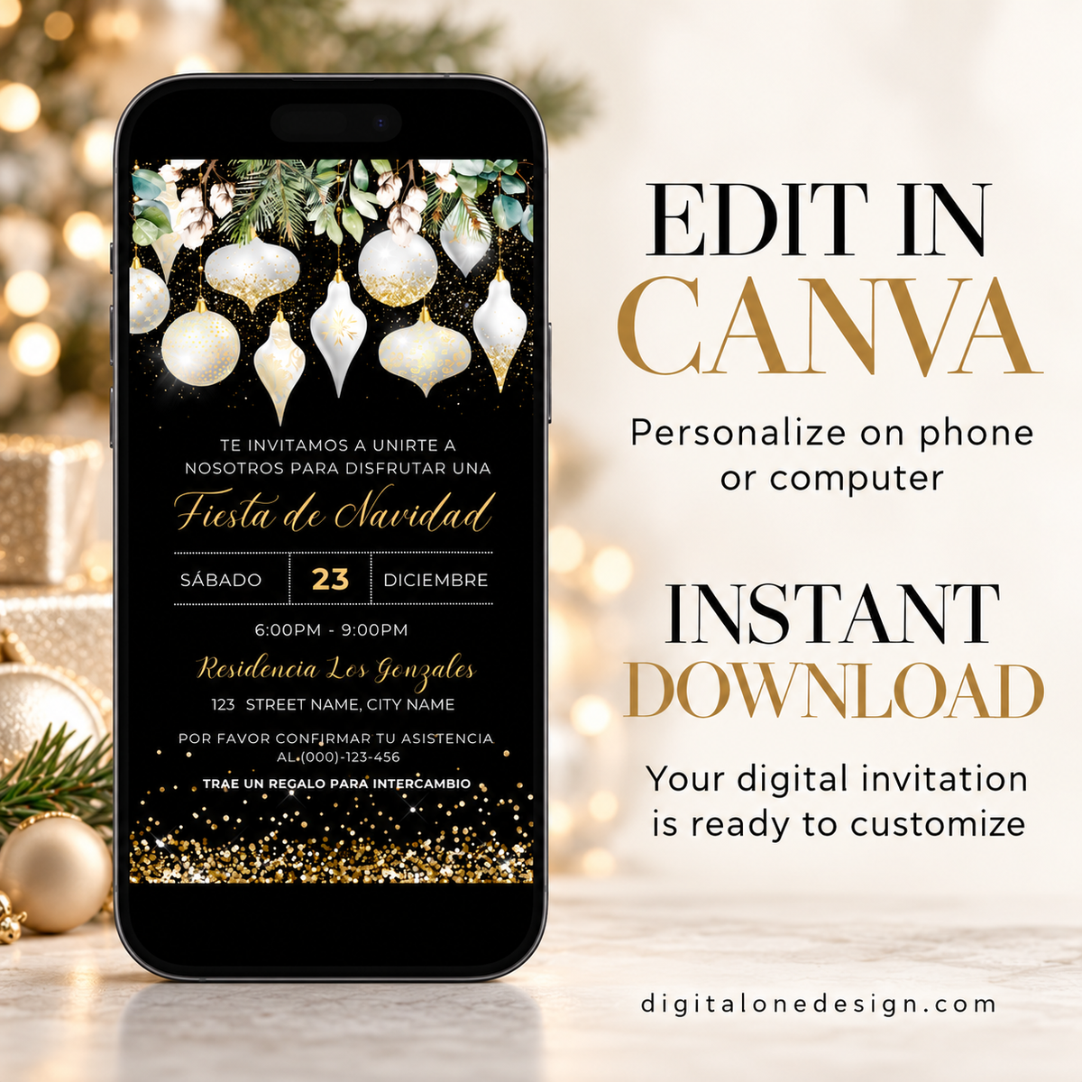 Elegant White Gold Christmas Ornaments Invitation displayed on a phone for easy editing and instant download.