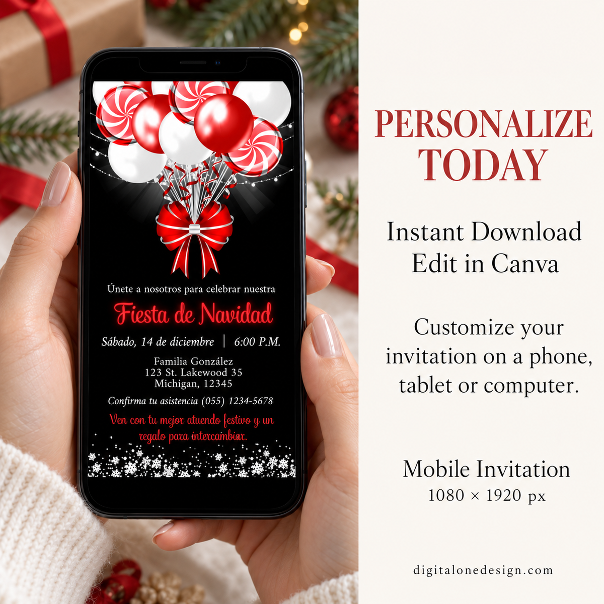 Editable Spanish Candy Cane Balloons Christmas Invitation displayed on a smartphone for a festive Fiesta de Navidad celebration.