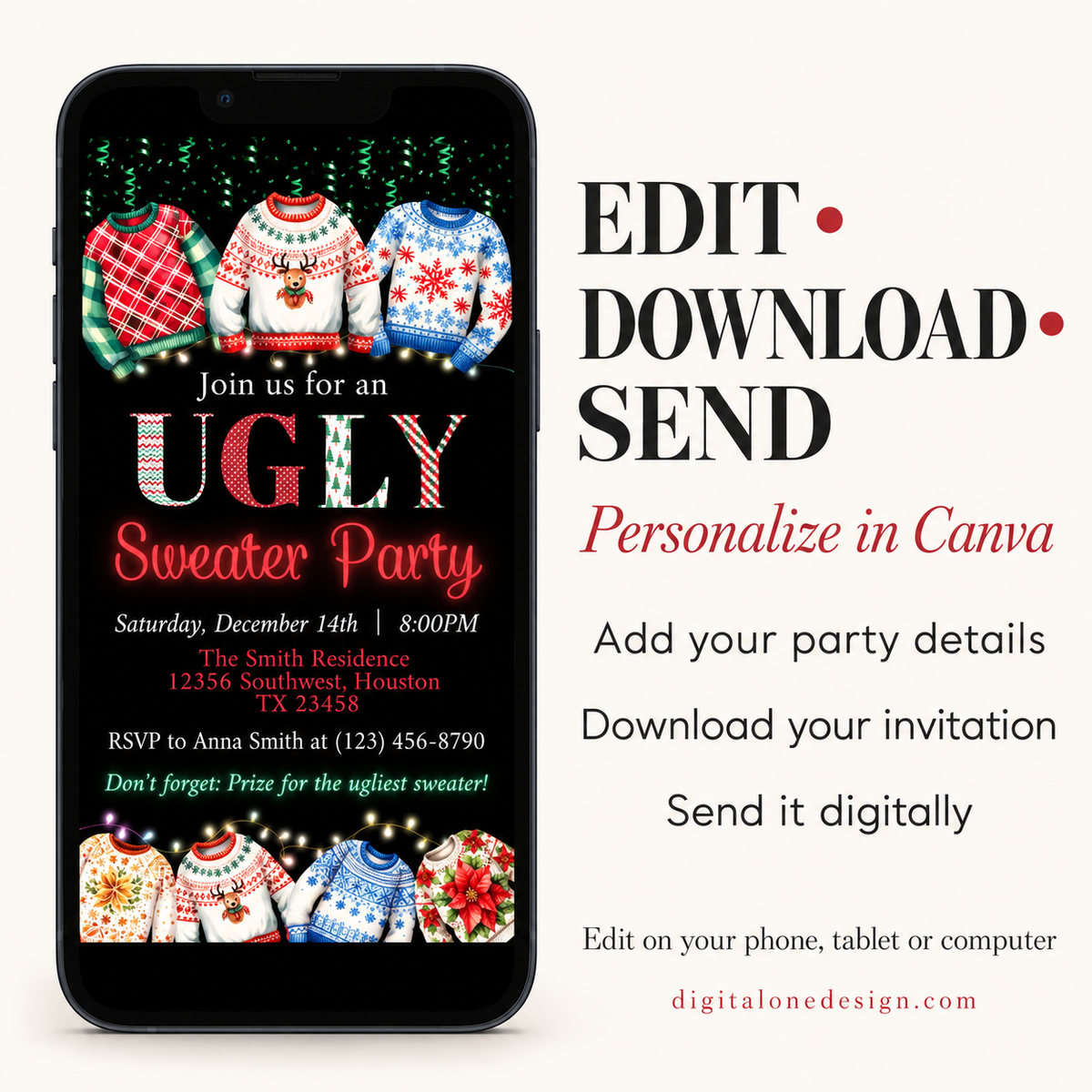 Ugly Sweater Party Office Gathering Evite on smartphone showcasing digital invitation details and customization options.