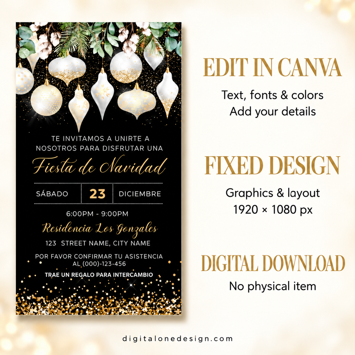 Elegant White Gold Christmas Ornaments Invitation for a festive holiday party celebration.