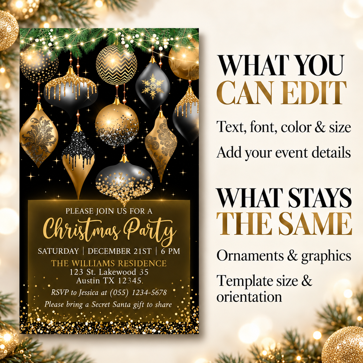 Elegant Black and Gold Holiday Party Invitation Template featuring stunning ornaments and a festive design.
