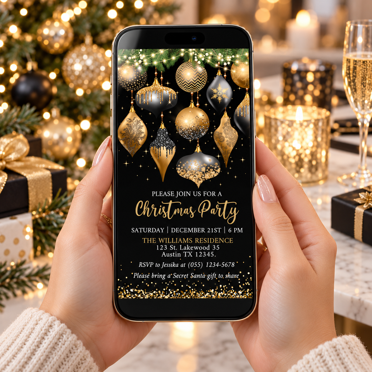 Elegant Black and Gold Holiday Party Invitation Template on a phone, showcasing festive ornaments for a Christmas party.